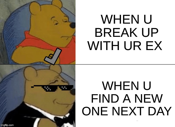 Tuxedo Winnie The Pooh | WHEN U BREAK UP WITH UR EX; WHEN U FIND A NEW ONE NEXT DAY | image tagged in memes,tuxedo winnie the pooh | made w/ Imgflip meme maker