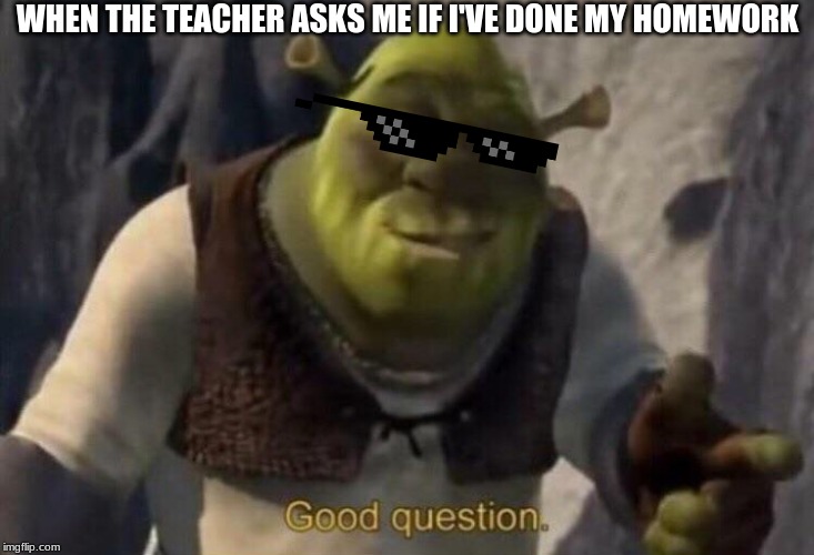 Shrek good question | WHEN THE TEACHER ASKS ME IF I'VE DONE MY HOMEWORK | image tagged in shrek good question | made w/ Imgflip meme maker