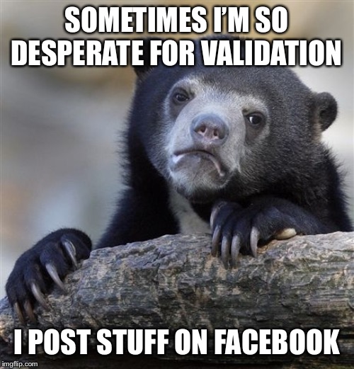 Confession Bear Meme | SOMETIMES I’M SO DESPERATE FOR VALIDATION; I POST STUFF ON FACEBOOK | image tagged in memes,confession bear | made w/ Imgflip meme maker