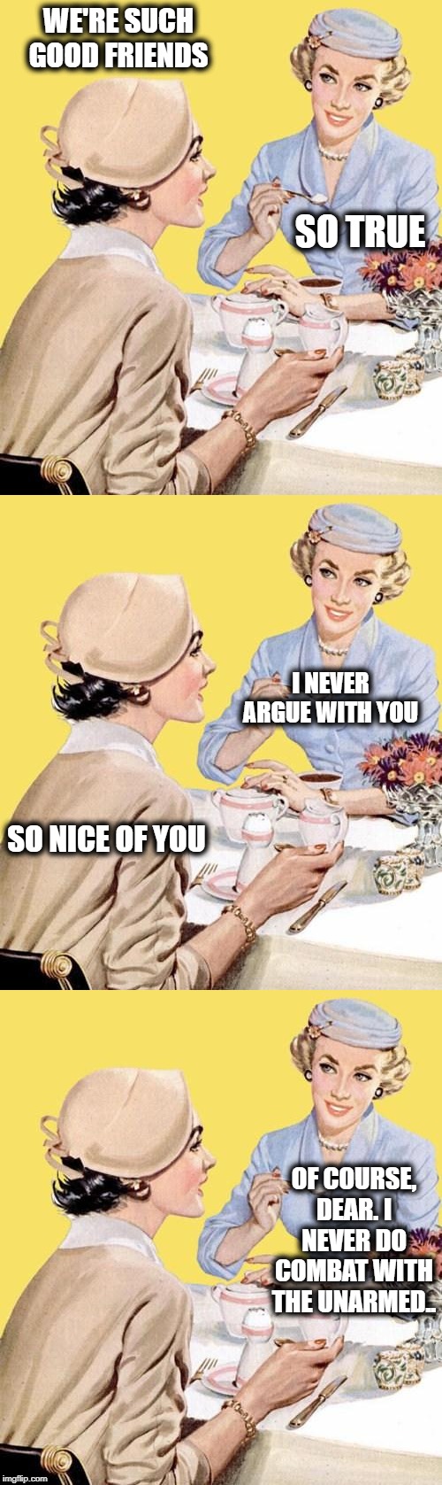 Such Good Friends | WE'RE SUCH GOOD FRIENDS; SO TRUE; I NEVER ARGUE WITH YOU; SO NICE OF YOU; OF COURSE, DEAR. I NEVER DO COMBAT WITH THE UNARMED.. | image tagged in humour | made w/ Imgflip meme maker