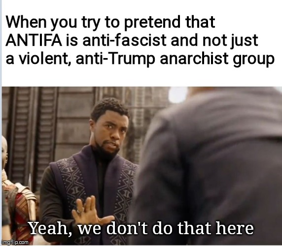 We don't do that here | When you try to pretend that ANTIFA is anti-fascist and not just a violent, anti-Trump anarchist group; Yeah, we don't do that here | image tagged in we don't do that here,antifa,fascists,political meme,political correctness,bullshit | made w/ Imgflip meme maker