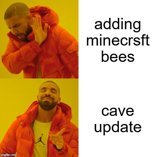 Drake Hotline Bling | adding minecrsft bees; cave update | image tagged in memes,drake hotline bling | made w/ Imgflip meme maker