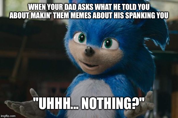Sonic movie meow | WHEN YOUR DAD ASKS WHAT HE TOLD YOU ABOUT MAKIN' THEM MEMES ABOUT HIS SPANKING YOU "UHHH... NOTHING?" | image tagged in sonic movie meow | made w/ Imgflip meme maker