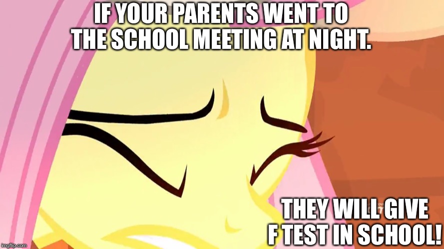Parents meeting conferences in school at night. | IF YOUR PARENTS WENT TO THE SCHOOL MEETING AT NIGHT. THEY WILL GIVE F TEST IN SCHOOL! | image tagged in fluttershy,fail,test,parents,meeting,school | made w/ Imgflip meme maker