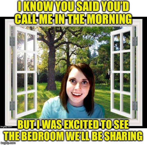 I’m sure she’ll be an excellent roommate. | I KNOW YOU SAID YOU’D CALL ME IN THE MORNING; BUT I WAS EXCITED TO SEE THE BEDROOM WE’LL BE SHARING | image tagged in memes,funny,overly attached girlfriend,window,moving too fast,dashhopes | made w/ Imgflip meme maker