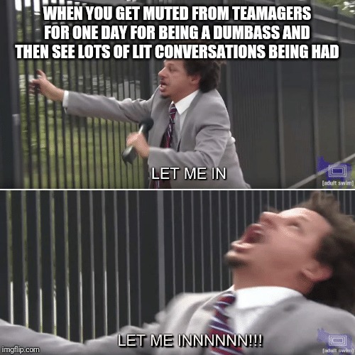 Eric Andre Let me In Meme | WHEN YOU GET MUTED FROM TEAMAGERS FOR ONE DAY FOR BEING A DUMBASS AND THEN SEE LOTS OF LIT CONVERSATIONS BEING HAD | image tagged in eric andre let me in meme | made w/ Imgflip meme maker