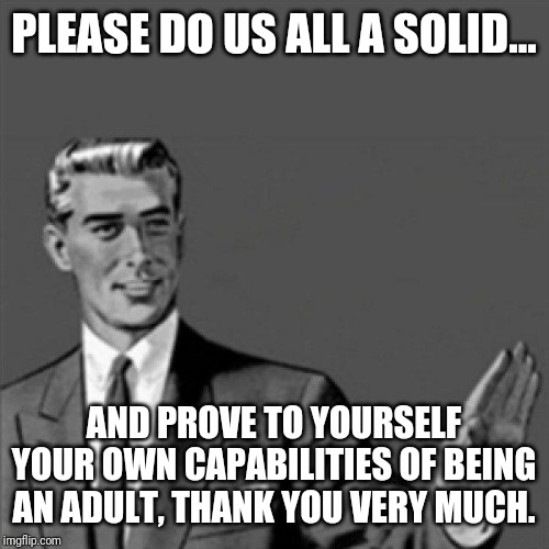 Remember kids - when u become adults , u have to prove to yourself your own capabilities of being an adult too | PLEASE DO US ALL A SOLID... AND PROVE TO YOURSELF YOUR OWN CAPABILITIES OF BEING AN ADULT, THANK YOU VERY MUCH. | image tagged in correction guy,memes | made w/ Imgflip meme maker