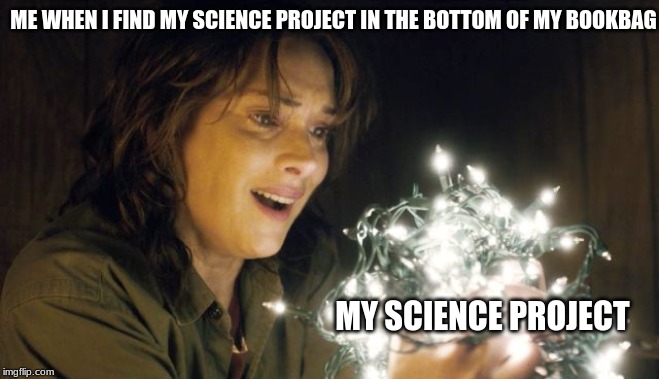 Stranger Things | ME WHEN I FIND MY SCIENCE PROJECT IN THE BOTTOM OF MY BOOKBAG; MY SCIENCE PROJECT | image tagged in stranger things | made w/ Imgflip meme maker