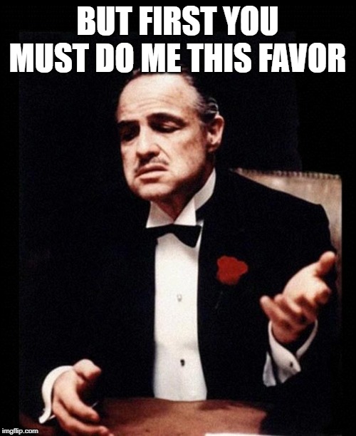 godfather | BUT FIRST YOU MUST DO ME THIS FAVOR | image tagged in godfather | made w/ Imgflip meme maker