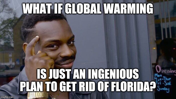 Roll Safe Think About It | WHAT IF GLOBAL WARMING; IS JUST AN INGENIOUS PLAN TO GET RID OF FLORIDA? | image tagged in memes,roll safe think about it | made w/ Imgflip meme maker