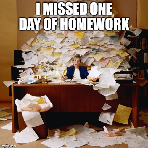 Busy office | I MISSED ONE DAY OF HOMEWORK | image tagged in busy office | made w/ Imgflip meme maker