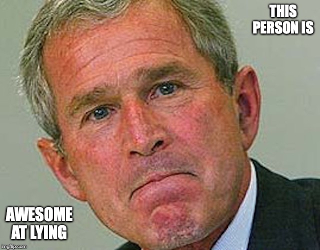 Dubya Frown | THIS PERSON IS; AWESOME AT LYING | image tagged in george w bush,frown,liar,memes | made w/ Imgflip meme maker