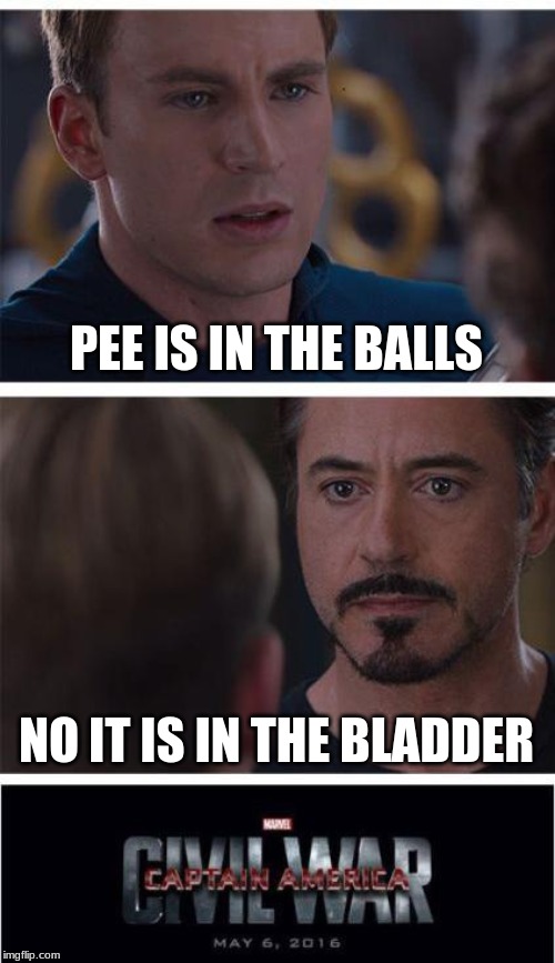 Marvel Civil War 1 | PEE IS IN THE BALLS; NO IT IS IN THE BLADDER | image tagged in memes,marvel civil war 1 | made w/ Imgflip meme maker