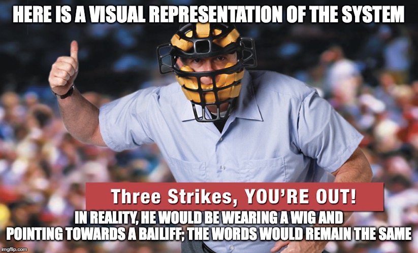 Three Strikes You're Out | HERE IS A VISUAL REPRESENTATION OF THE SYSTEM; IN REALITY, HE WOULD BE WEARING A WIG AND POINTING TOWARDS A BAILIFF; THE WORDS WOULD REMAIN THE SAME | image tagged in umpire,memes,baseball,three strikes law | made w/ Imgflip meme maker