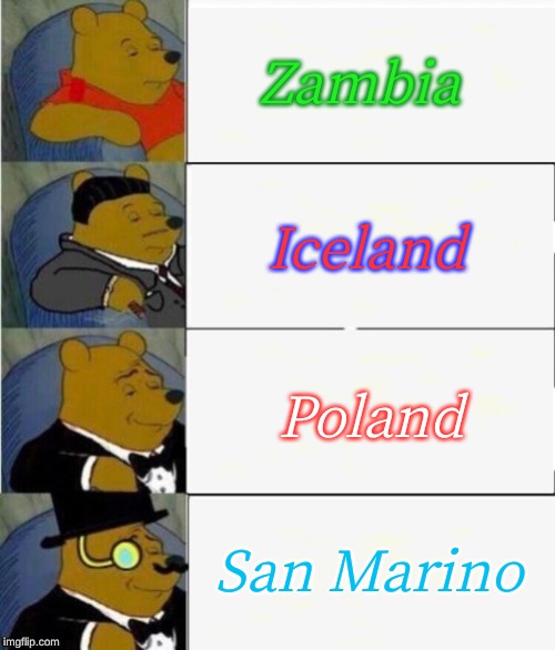 Tuxedo Winnie the Pooh 4 panel | Zambia; Iceland; Poland; San Marino | image tagged in tuxedo winnie the pooh 4 panel | made w/ Imgflip meme maker