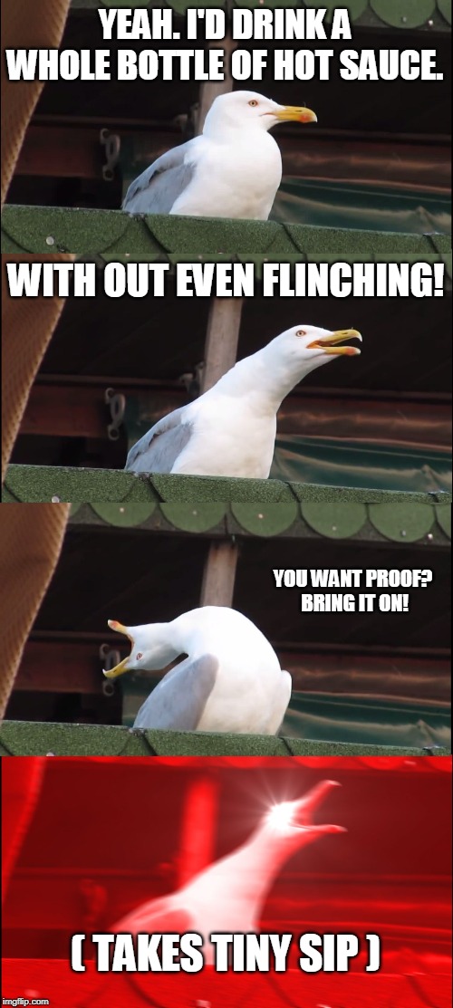 Inhaling Seagull | YEAH. I'D DRINK A WHOLE BOTTLE OF HOT SAUCE. WITH OUT EVEN FLINCHING! YOU WANT PROOF?  BRING IT ON! ( TAKES TINY SIP ) | image tagged in memes,inhaling seagull | made w/ Imgflip meme maker