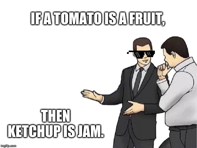 Car Salesman Slaps Hood Meme | IF A TOMATO IS A FRUIT, THEN KETCHUP IS JAM. | image tagged in memes,car salesman slaps hood | made w/ Imgflip meme maker