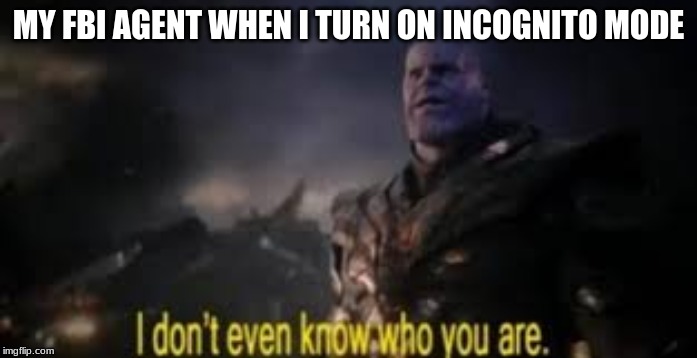 MY FBI AGENT WHEN I TURN ON INCOGNITO MODE | image tagged in thanos,fbi | made w/ Imgflip meme maker
