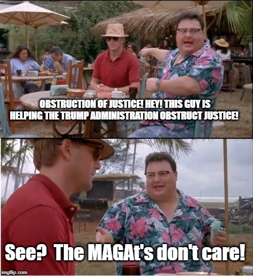 See Nobody Cares | OBSTRUCTION OF JUSTICE! HEY! THIS GUY IS HELPING THE TRUMP ADMINISTRATION OBSTRUCT JUSTICE! See?  The MAGAt's don't care! | image tagged in memes,see nobody cares | made w/ Imgflip meme maker