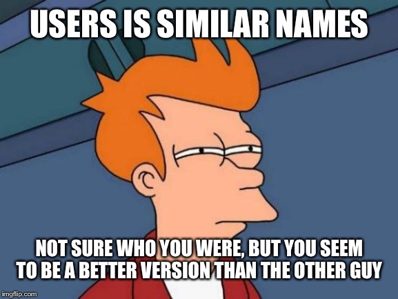 I'm debating getting in on the fun | USERS IS SIMILAR NAMES; NOT SURE WHO YOU WERE, BUT YOU SEEM TO BE A BETTER VERSION THAN THE OTHER GUY | image tagged in memes,futurama fry | made w/ Imgflip meme maker