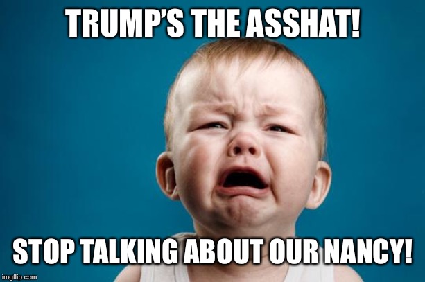 BABY CRYING | TRUMP’S THE ASSHAT! STOP TALKING ABOUT OUR NANCY! | image tagged in baby crying | made w/ Imgflip meme maker
