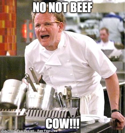 Chef Gordon Ramsay | NO NOT BEEF; COW!!! | image tagged in memes,chef gordon ramsay | made w/ Imgflip meme maker