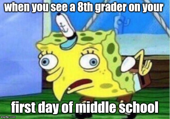 Mocking Spongebob | when you see a 8th grader on your; first day of middle school | image tagged in memes,mocking spongebob | made w/ Imgflip meme maker