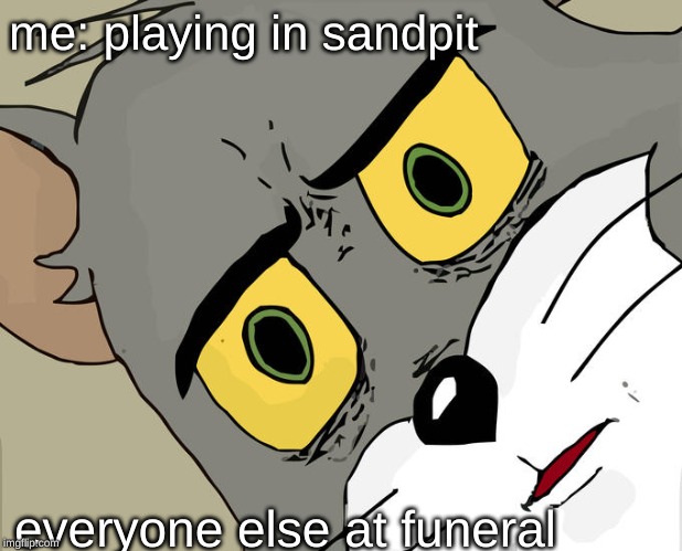 Unsettled Tom | me: playing in sandpit; everyone else at funeral | image tagged in memes,unsettled tom | made w/ Imgflip meme maker