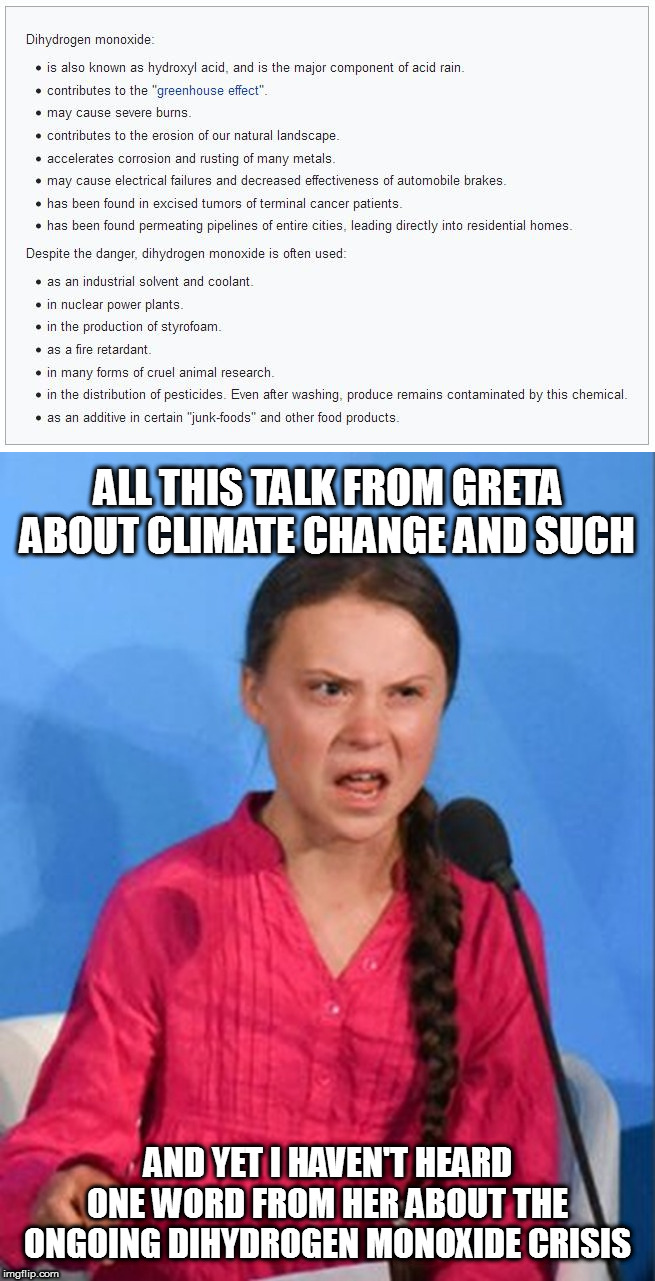 She needs to get her priorities straight! | ALL THIS TALK FROM GRETA ABOUT CLIMATE CHANGE AND SUCH; AND YET I HAVEN'T HEARD ONE WORD FROM HER ABOUT THE ONGOING DIHYDROGEN MONOXIDE CRISIS | image tagged in greta thunberg how dare you,memes,politics,dihydrogen monoxide,hydric acid,crisis | made w/ Imgflip meme maker