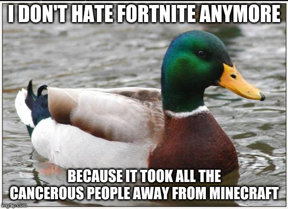 If you think about it that way | I DON'T HATE FORTNITE ANYMORE; BECAUSE IT TOOK ALL THE CANCEROUS PEOPLE AWAY FROM MINECRAFT | image tagged in memes,actual advice mallard,fortnite | made w/ Imgflip meme maker