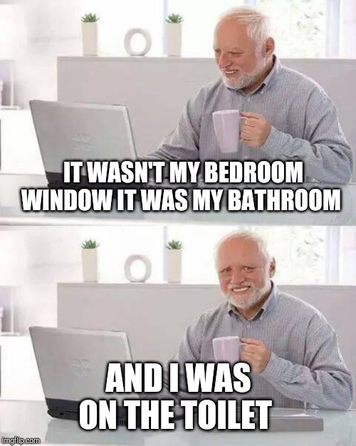 Hide the Pain Harold Meme | IT WASN'T MY BEDROOM WINDOW IT WAS MY BATHROOM AND I WAS ON THE TOILET | image tagged in memes,hide the pain harold | made w/ Imgflip meme maker