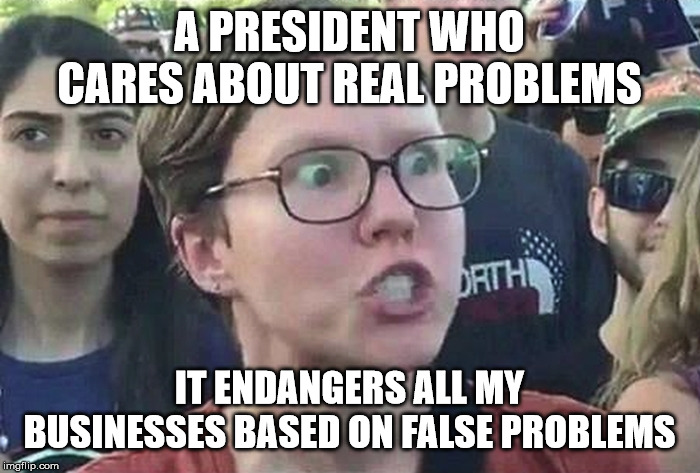 Triggered Liberal | A PRESIDENT WHO CARES ABOUT REAL PROBLEMS IT ENDANGERS ALL MY BUSINESSES BASED ON FALSE PROBLEMS | image tagged in triggered liberal | made w/ Imgflip meme maker
