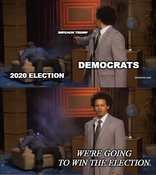 I think these people are just stupid. Completely out of touch with reality. Blind hatred impairs their view on the world. | IMPEACH TRUMP; DEMOCRATS; 2020 ELECTION; WE'RE GOING TO WIN THE ELECTION | image tagged in memes,who killed hannibal,election 2020,impeachment,donald trump,democrats | made w/ Imgflip meme maker
