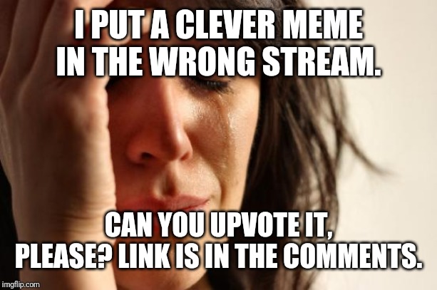 First World Problems |  I PUT A CLEVER MEME IN THE WRONG STREAM. CAN YOU UPVOTE IT, PLEASE? LINK IS IN THE COMMENTS. | image tagged in memes,first world problems | made w/ Imgflip meme maker