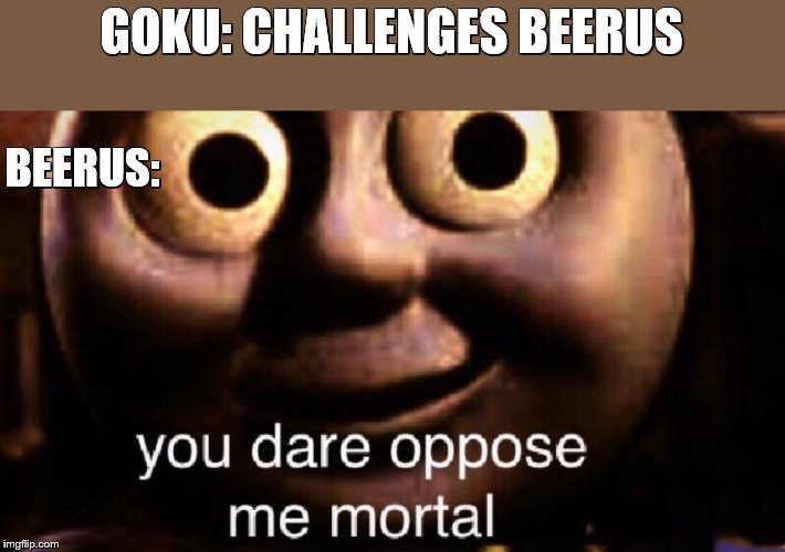 You dare oppose me mortal | GOKU: CHALLENGES BEERUS; BEERUS: | image tagged in you dare oppose me mortal | made w/ Imgflip meme maker