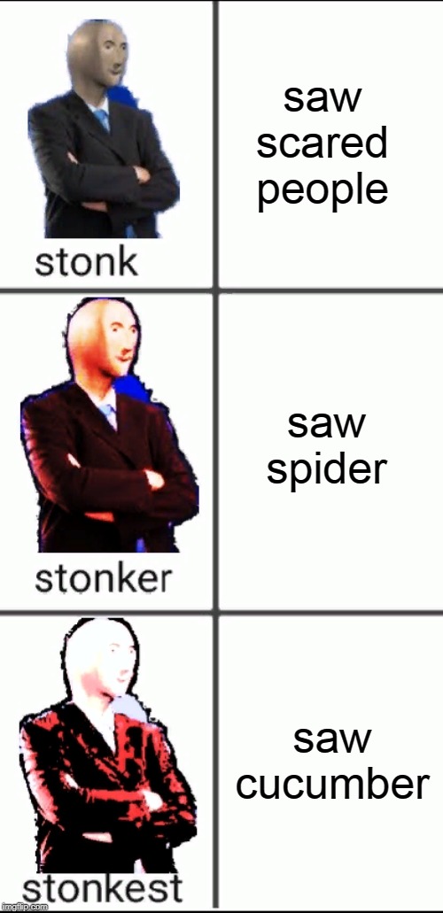 Stonk by level | saw scared people saw spider saw cucumber | image tagged in stonk by level | made w/ Imgflip meme maker