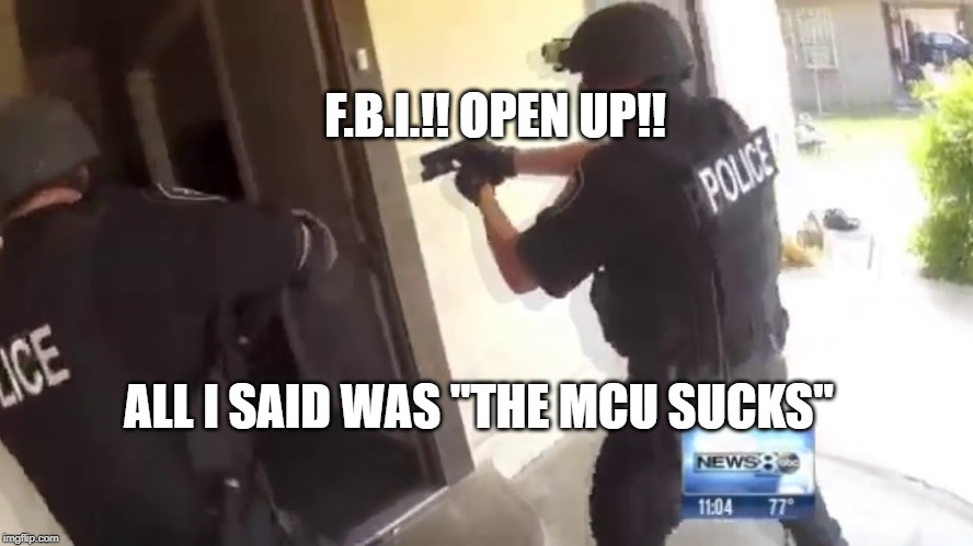 FBI OPEN UP | F.B.I.!! OPEN UP!! ALL I SAID WAS "THE MCU SUCKS" | image tagged in fbi open up | made w/ Imgflip meme maker