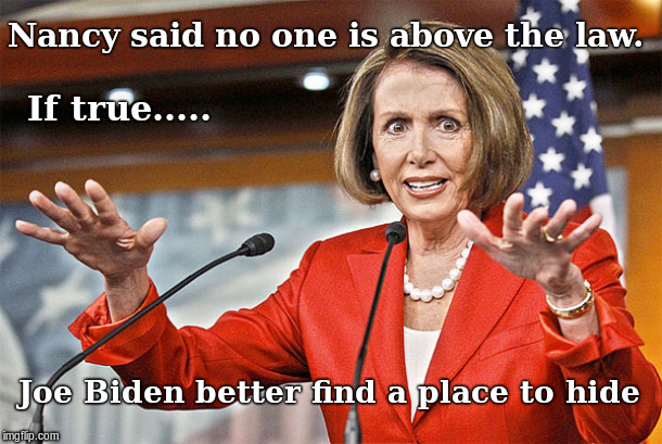 Nancy Pelosi is crazy | Nancy said no one is above the law. If true..... Joe Biden better find a place to hide | image tagged in nancy pelosi is crazy | made w/ Imgflip meme maker