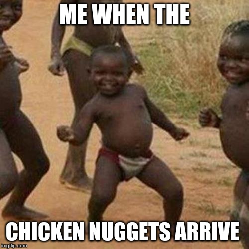 Third World Success Kid Meme | ME WHEN THE; CHICKEN NUGGETS ARRIVE | image tagged in memes,third world success kid | made w/ Imgflip meme maker