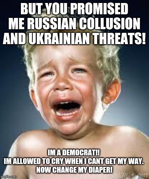 Crying Baby | BUT YOU PROMISED ME RUSSIAN COLLUSION AND UKRAINIAN THREATS! IM A DEMOCRAT!! 
IM ALLOWED TO CRY WHEN I CANT GET MY WAY. 
NOW CHANGE MY DIAPER! | image tagged in crying baby | made w/ Imgflip meme maker