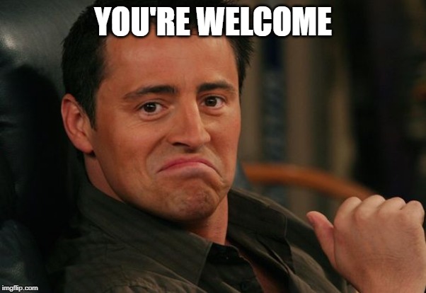 Proud Joey | YOU'RE WELCOME | image tagged in proud joey | made w/ Imgflip meme maker