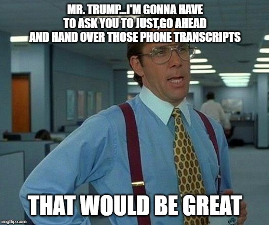 That Would Be Great | MR. TRUMP...I'M GONNA HAVE TO ASK YOU TO JUST,GO AHEAD AND HAND OVER THOSE PHONE TRANSCRIPTS; THAT WOULD BE GREAT | image tagged in memes,that would be great | made w/ Imgflip meme maker