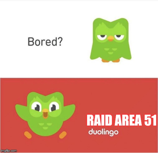 DUOLINGO BORED | RAID AREA 51 | image tagged in duolingo bored | made w/ Imgflip meme maker