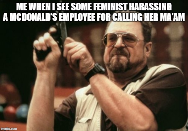 Am I The Only One Around Here Meme | ME WHEN I SEE SOME FEMINIST HARASSING A MCDONALD'S EMPLOYEE FOR CALLING HER MA'AM | image tagged in memes,am i the only one around here | made w/ Imgflip meme maker