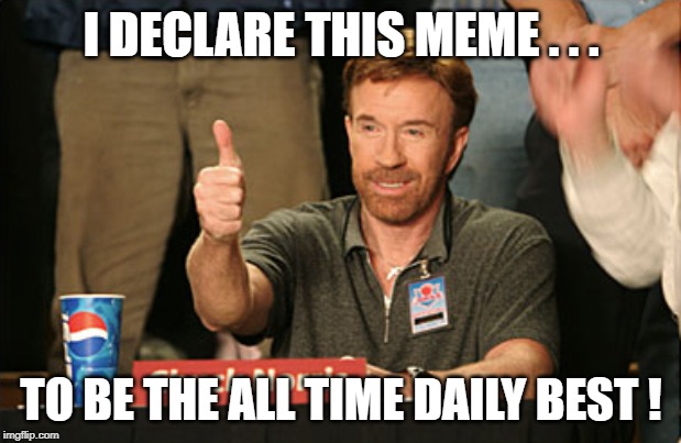 Chuck Norris Approves Meme | I DECLARE THIS MEME . . . TO BE THE ALL TIME DAILY BEST ! | image tagged in memes,chuck norris approves,chuck norris | made w/ Imgflip meme maker