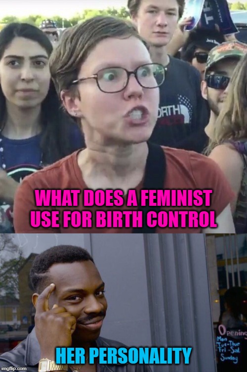 There's really no need for anything else! | WHAT DOES A FEMINIST USE FOR BIRTH CONTROL; HER PERSONALITY | image tagged in memes,roll safe think about it,triggered feminist,funny,feminists,birth control | made w/ Imgflip meme maker