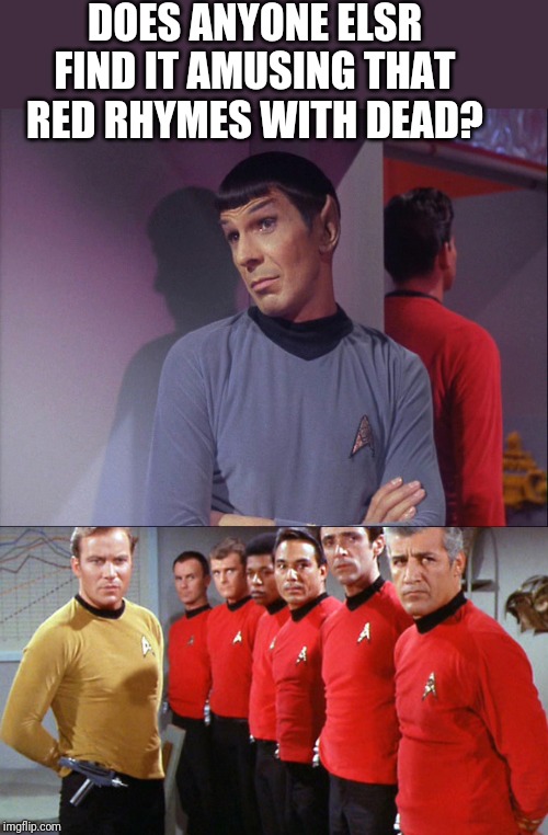 Spock Being A Jerk | DOES ANYONE ELSR FIND IT AMUSING THAT RED RHYMES WITH DEAD? | image tagged in star trek,spock,captain kirk,star trek red shirts | made w/ Imgflip meme maker