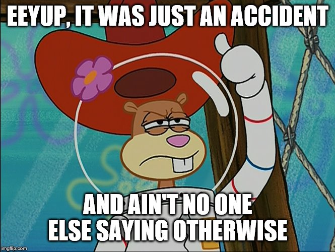 Sandy Cheeks | EEYUP, IT WAS JUST AN ACCIDENT AND AIN'T NO ONE ELSE SAYING OTHERWISE | image tagged in sandy cheeks | made w/ Imgflip meme maker