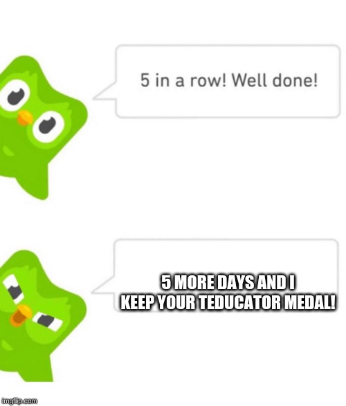 Duolingo 5 in a row | 5 MORE DAYS AND I KEEP YOUR TEDUCATOR MEDAL! | image tagged in duolingo 5 in a row | made w/ Imgflip meme maker