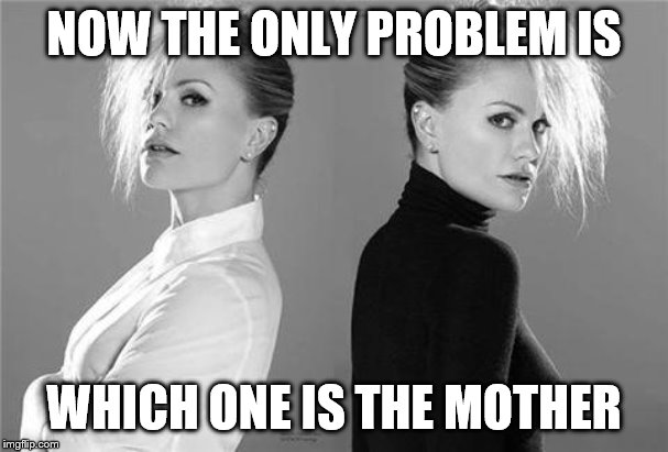 sookies evil twin sisters  | NOW THE ONLY PROBLEM IS WHICH ONE IS THE MOTHER | image tagged in sookies evil twin sisters | made w/ Imgflip meme maker